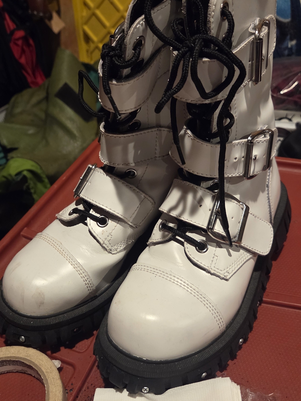 White Lace-Up Buckle Combat Boots